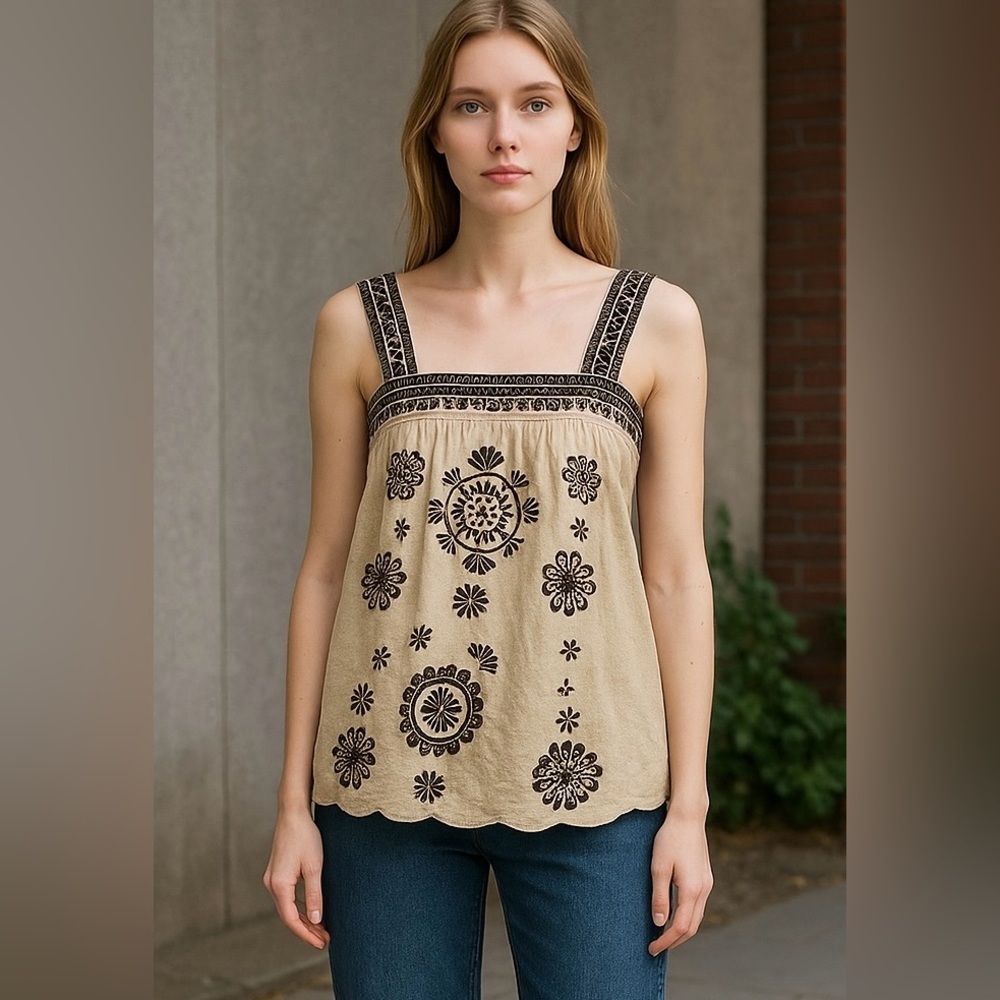 Vertigo Paris Beige Tank Top with Black Embroidered Accents